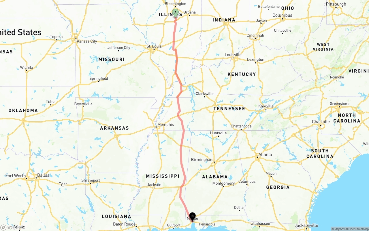 Shipping route from Illinois to Port of Mobile