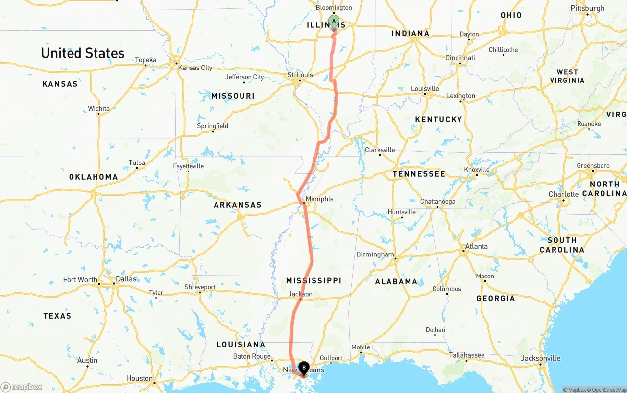 Shipping route from Illinois to Port of New Orleans