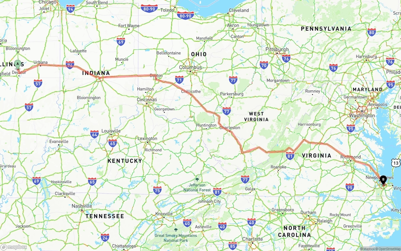 Shipping route from Illinois to Port of Norfolk