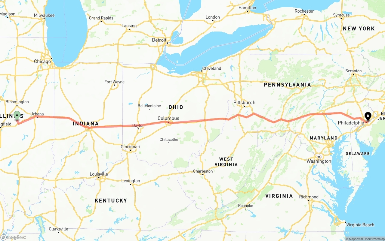 Shipping route from Illinois to Port of Philadelphia