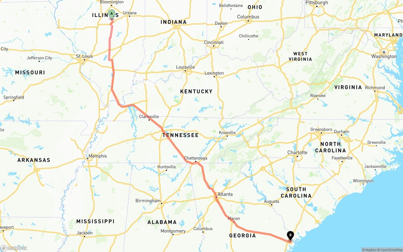 Shipping route from Illinois to Port of Savannah