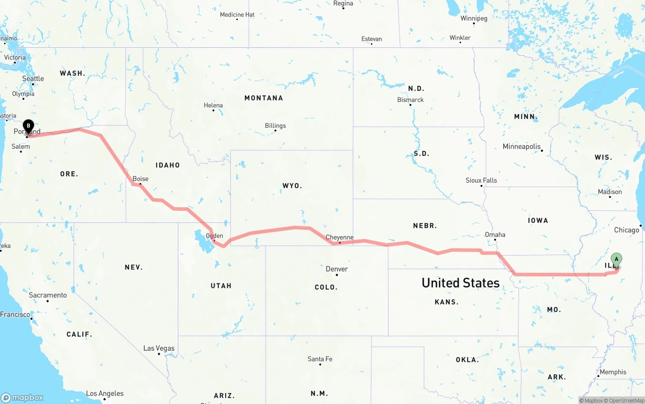 Shipping route from Illinois to Portland International Airport
