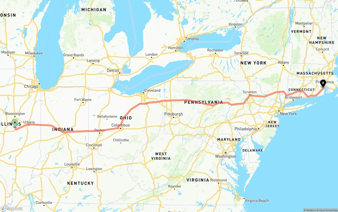 Shipping route from Illinois to Rhode Island