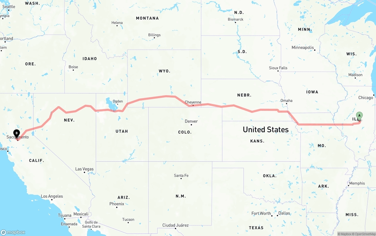 Shipping route from Illinois to Sacramento International Airport