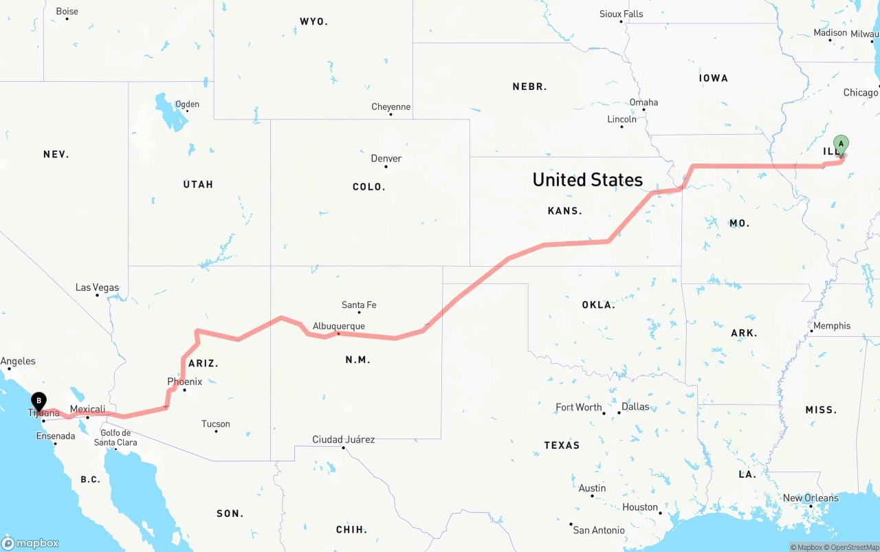 Shipping route from Illinois to San Diego International Airport