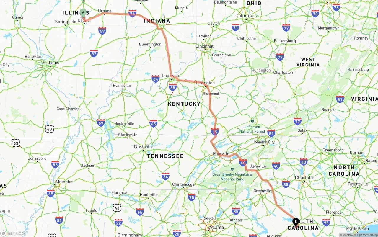 Shipping route from Illinois to South Carolina