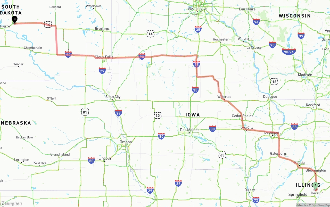 Shipping route from Illinois to South Dakota