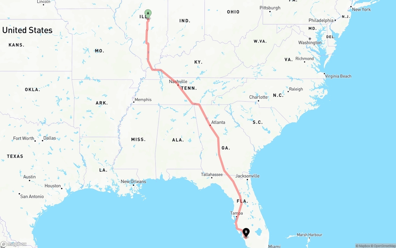 Shipping route from Illinois to Southwest Florida International Airport