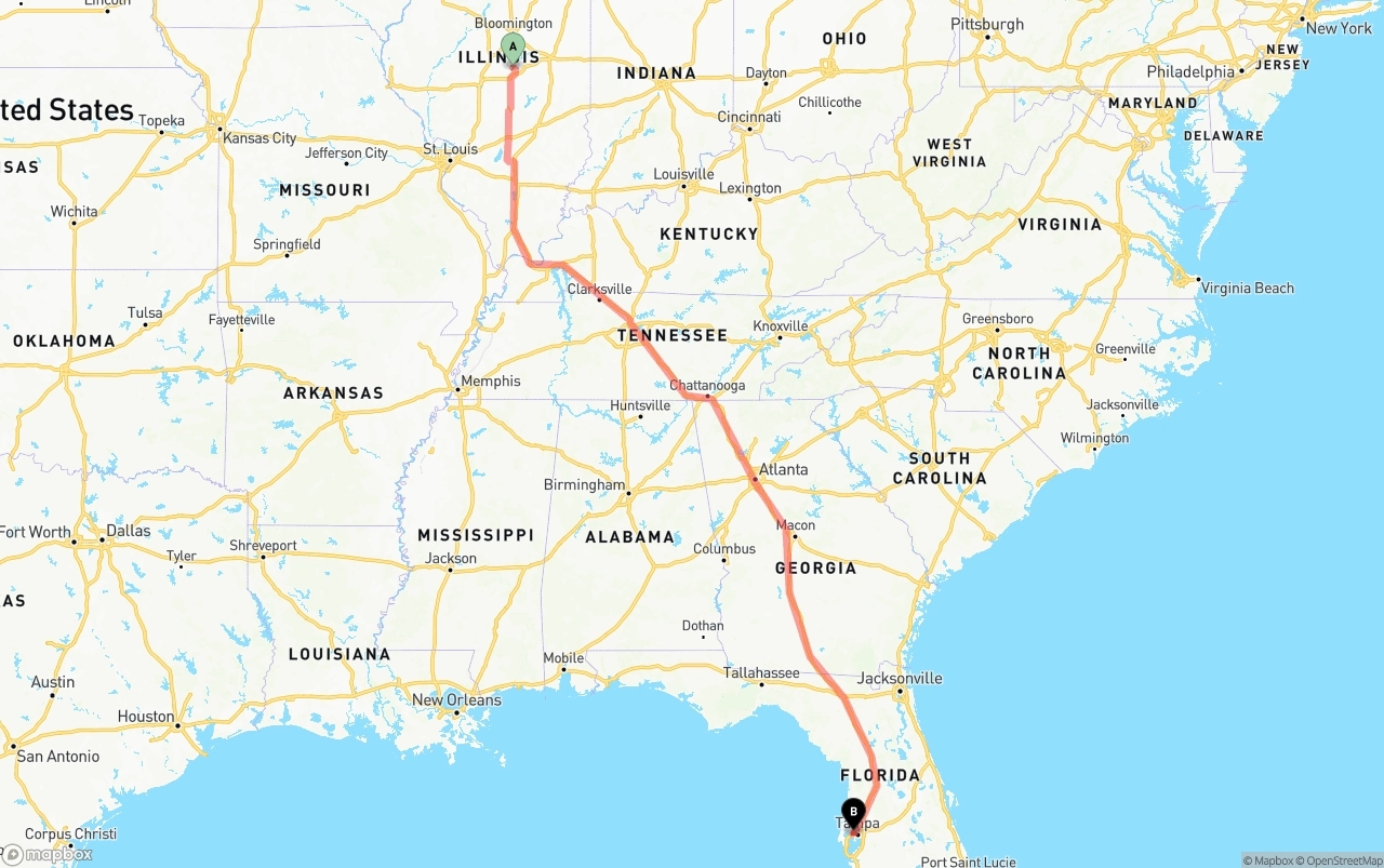Shipping route from Illinois to Tampa International Airport