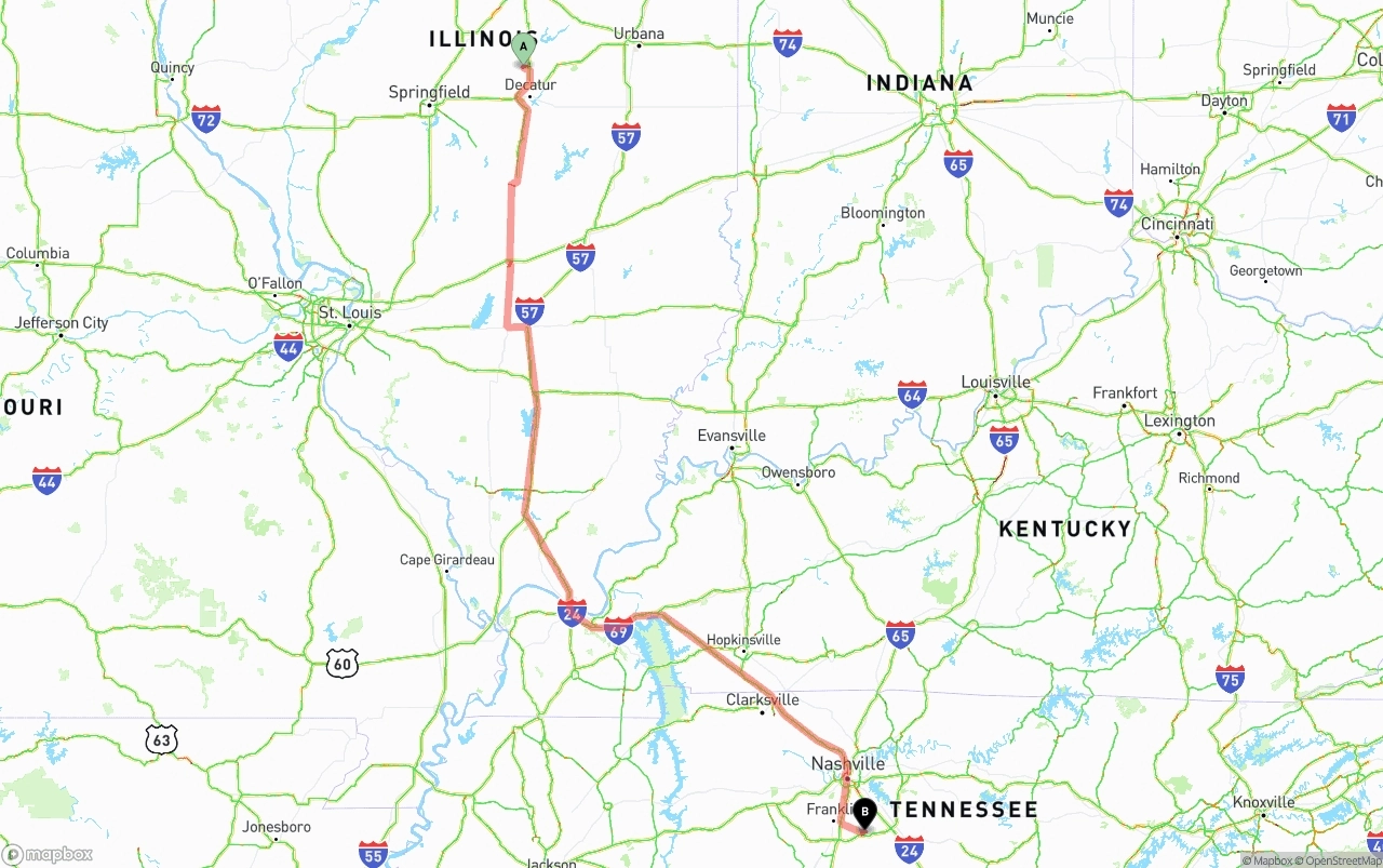 Shipping route from Illinois to Tennessee
