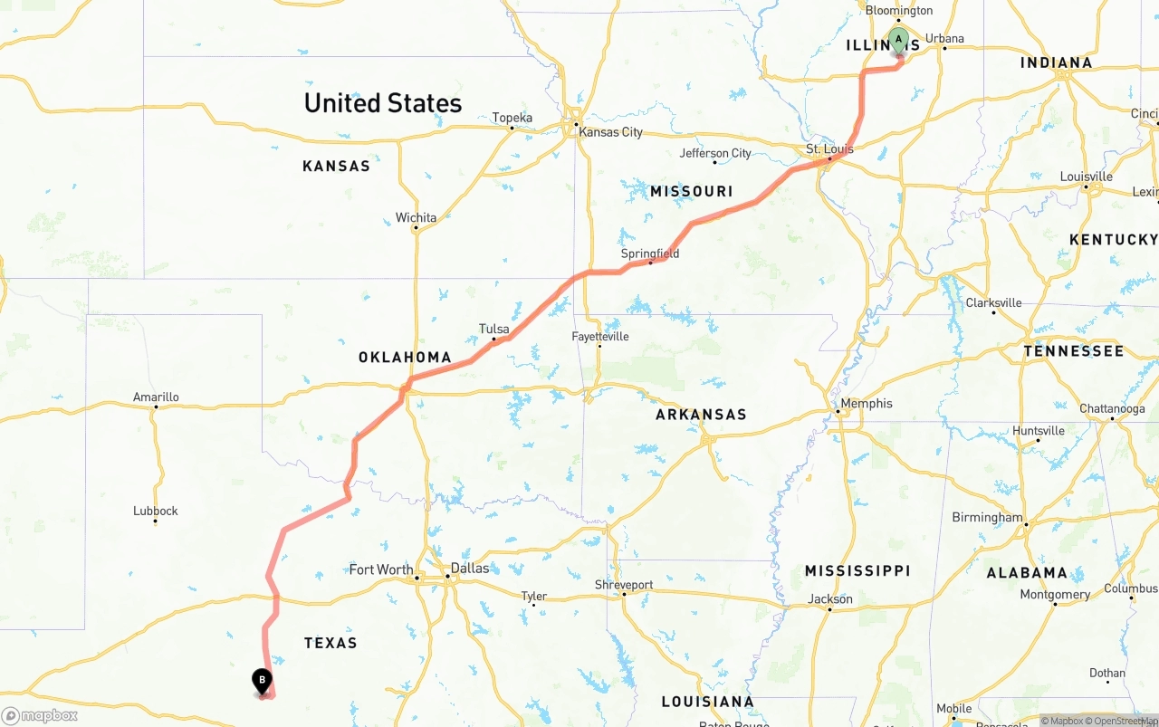 Shipping route from Illinois to Texas