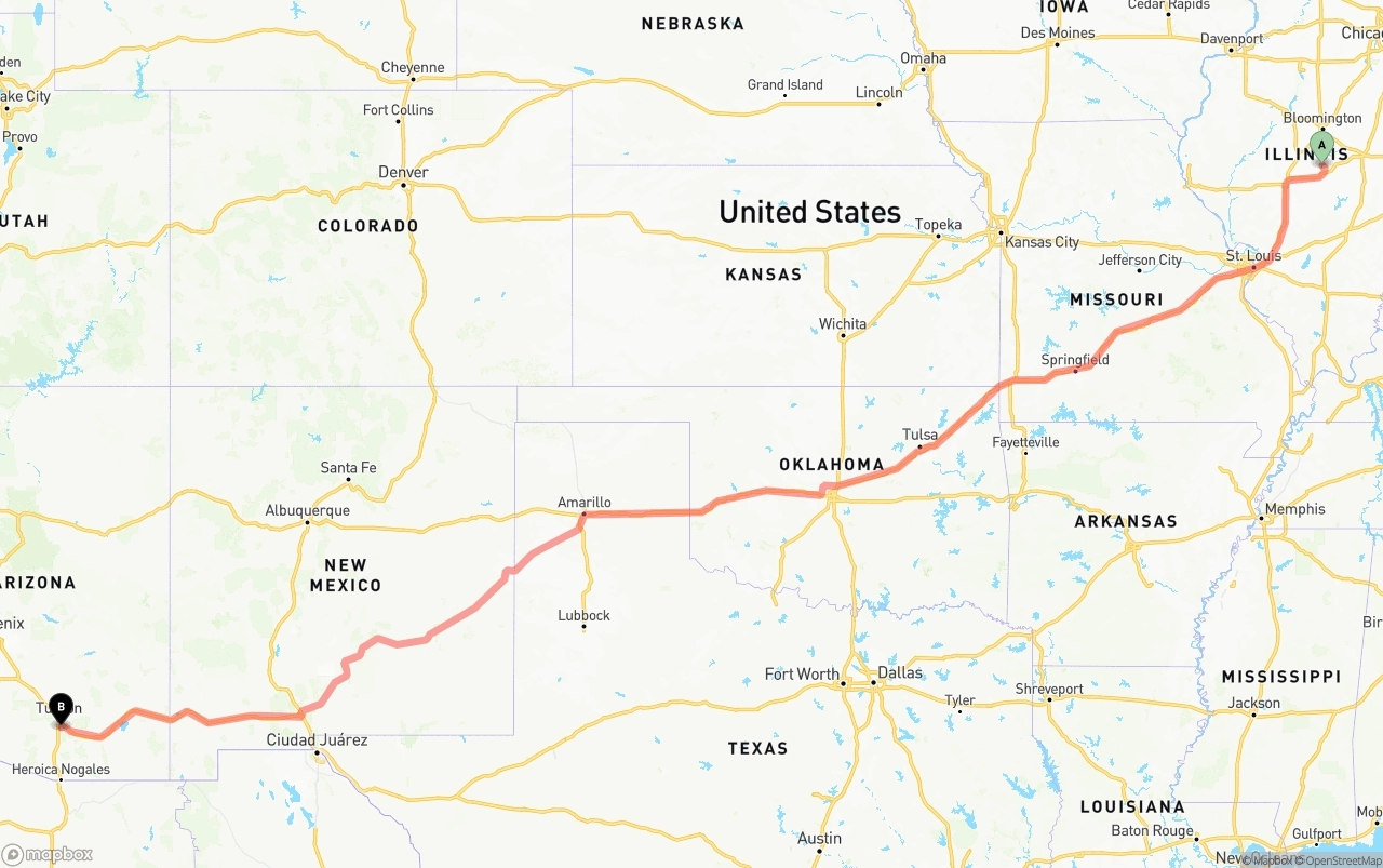 Shipping route from Illinois to Tucson International Airport
