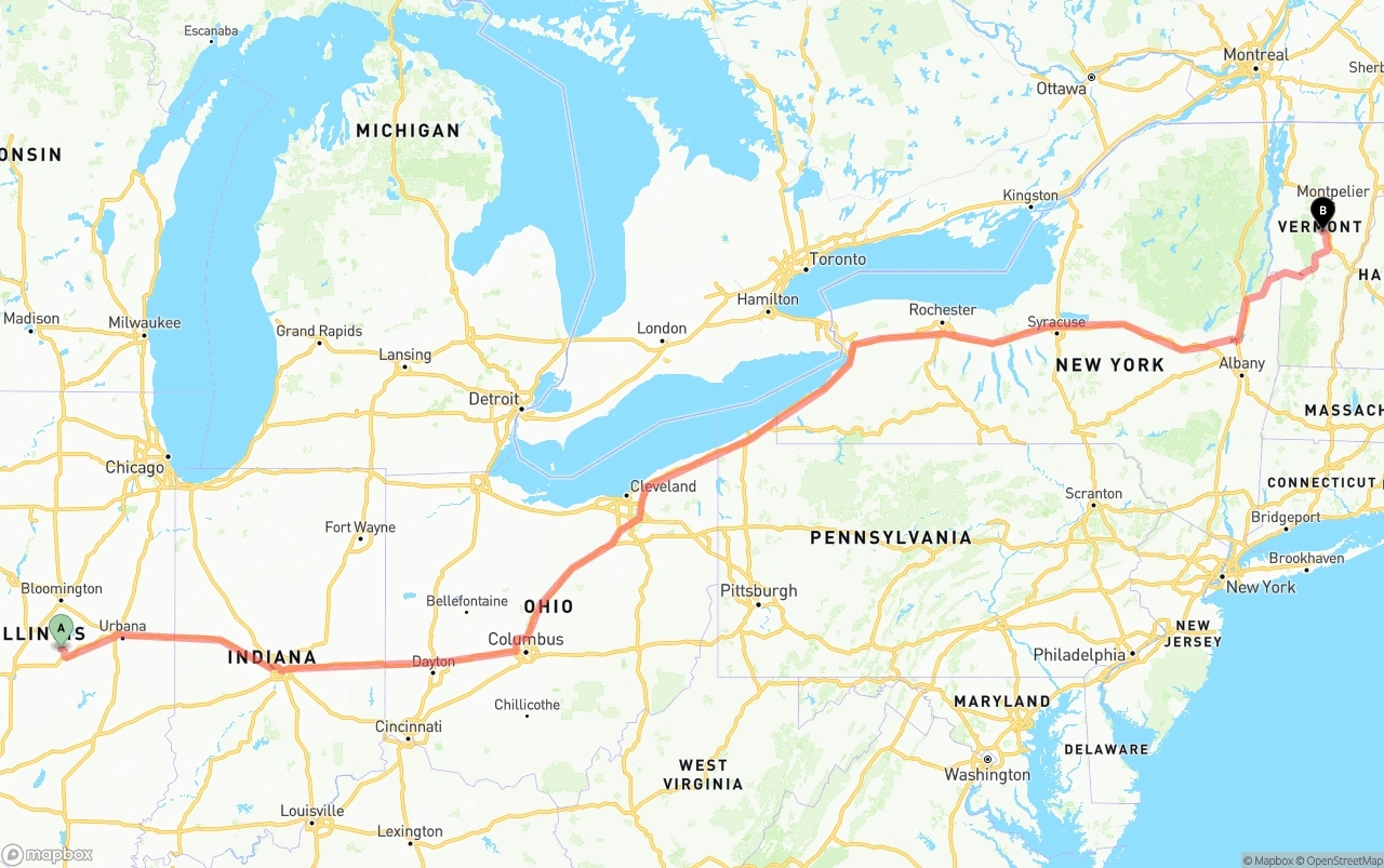 Shipping route from Illinois to Vermont
