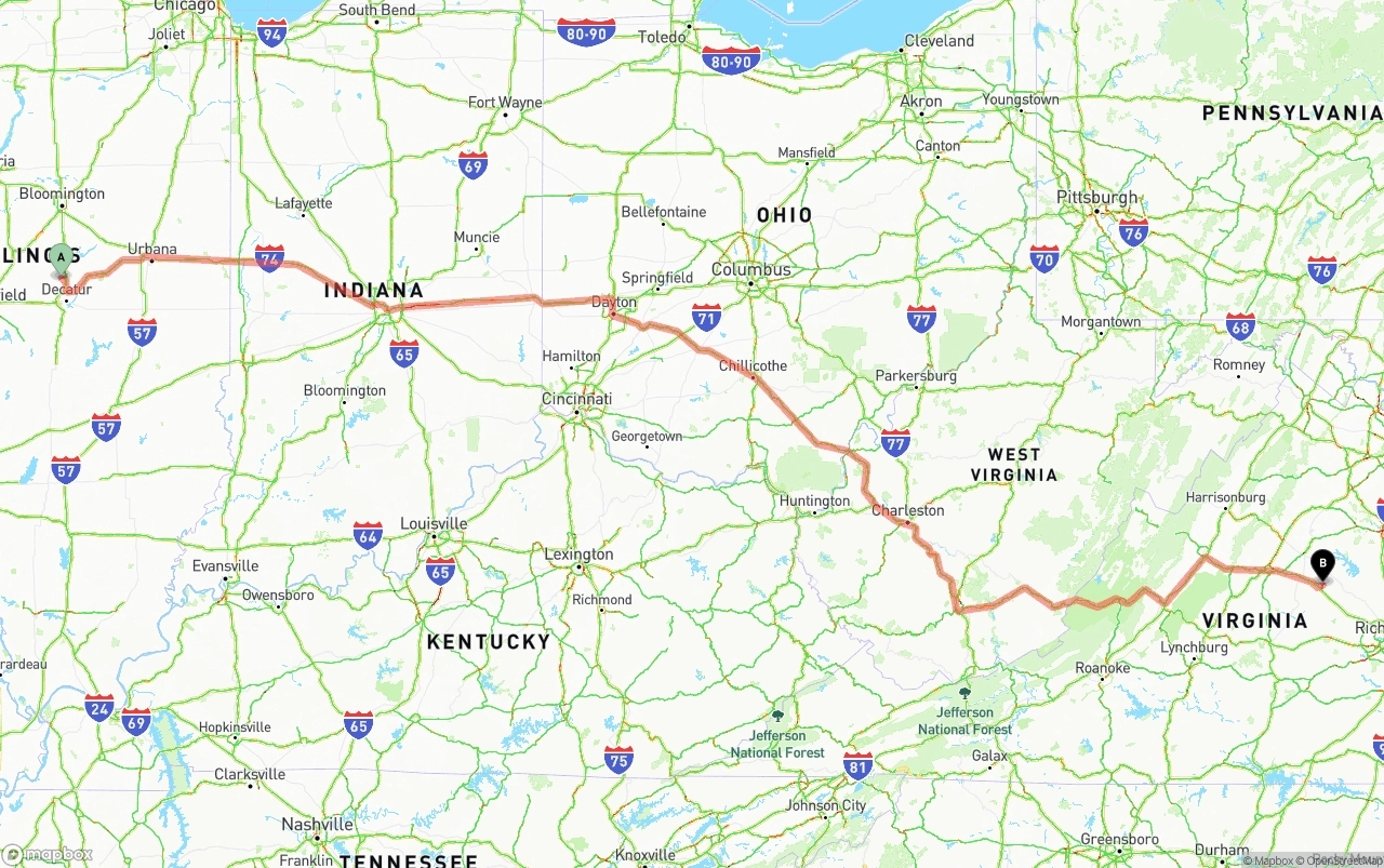 Shipping route from Illinois to Virginia