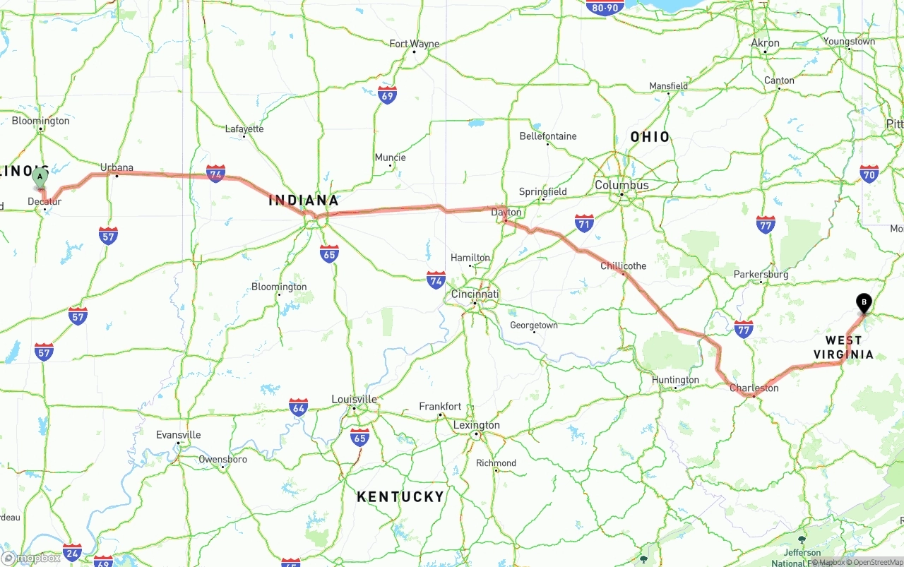 Shipping route from Illinois to West Virginia