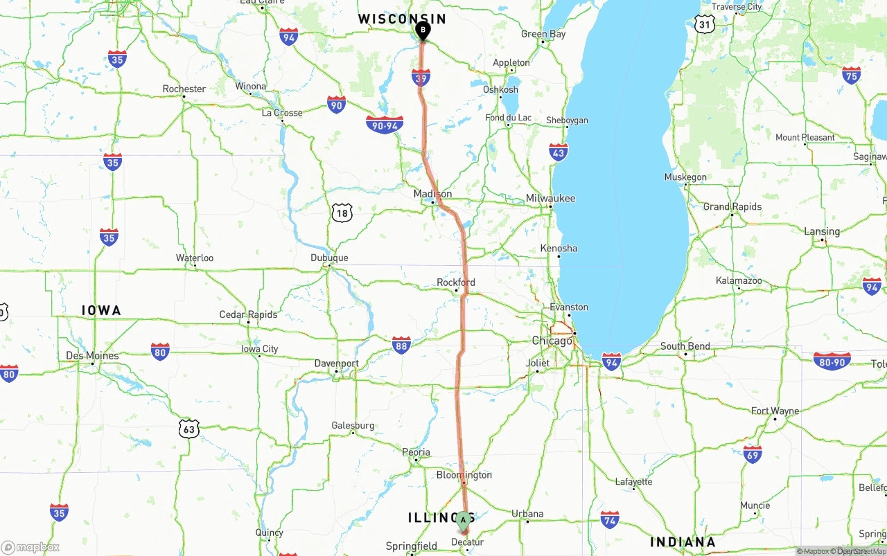 Shipping route from Illinois to Wisconsin