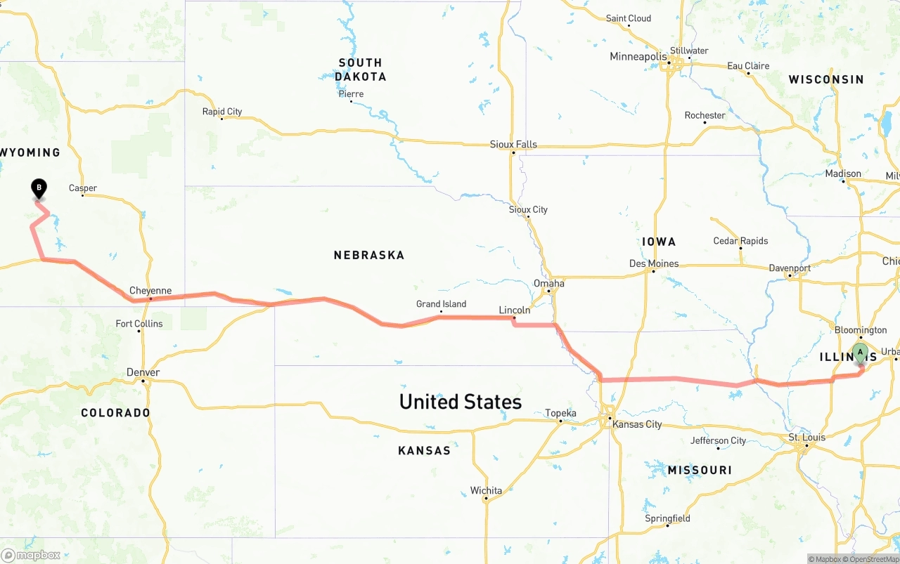 Shipping route from Illinois to Wyoming