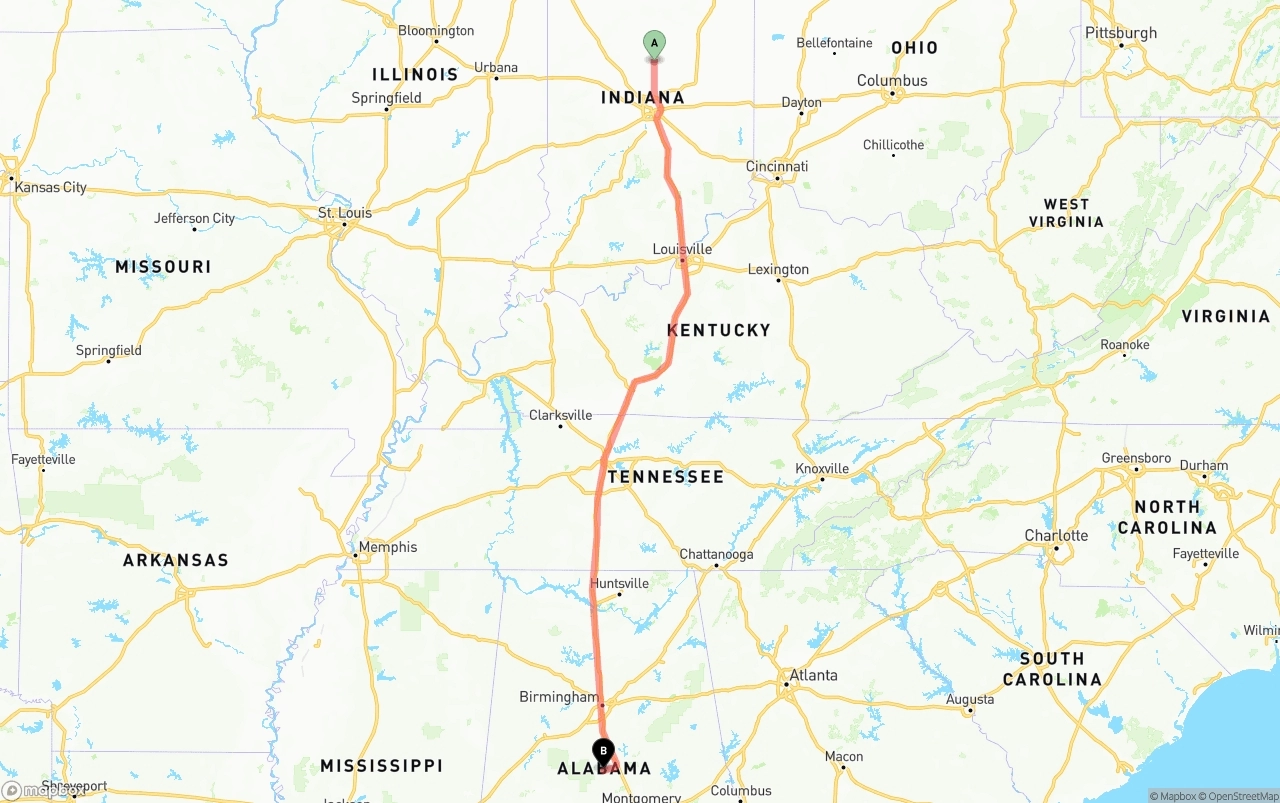 Shipping route from Indiana to Alabama