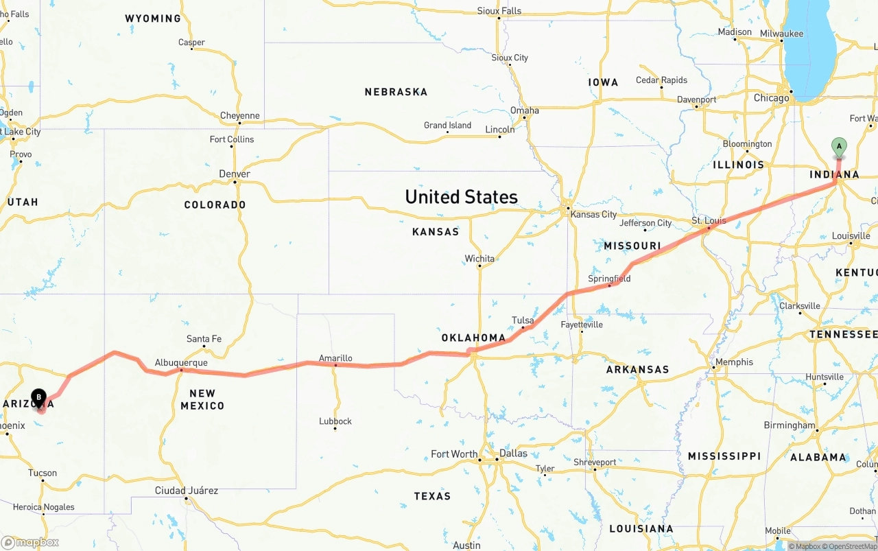 Shipping route from Indiana to Arizona