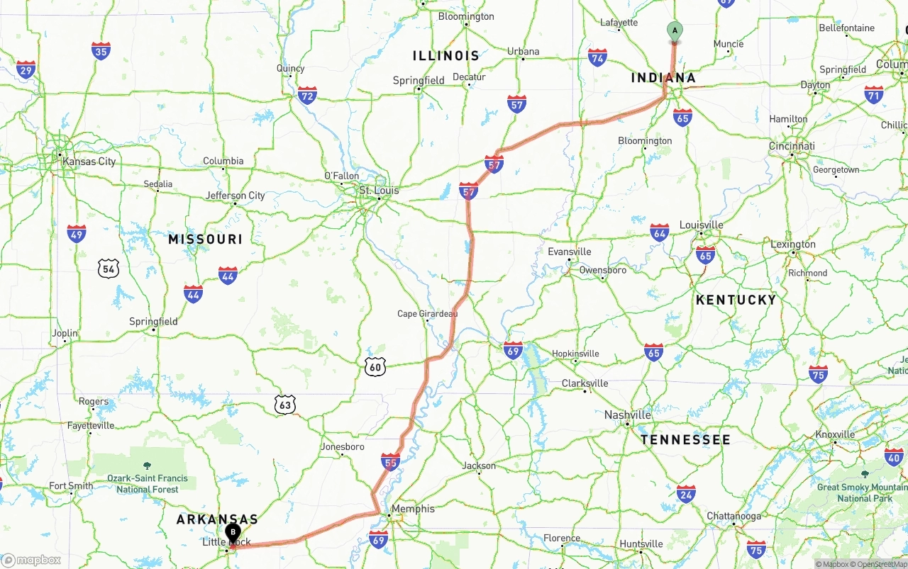 Shipping route from Indiana to Arkansas