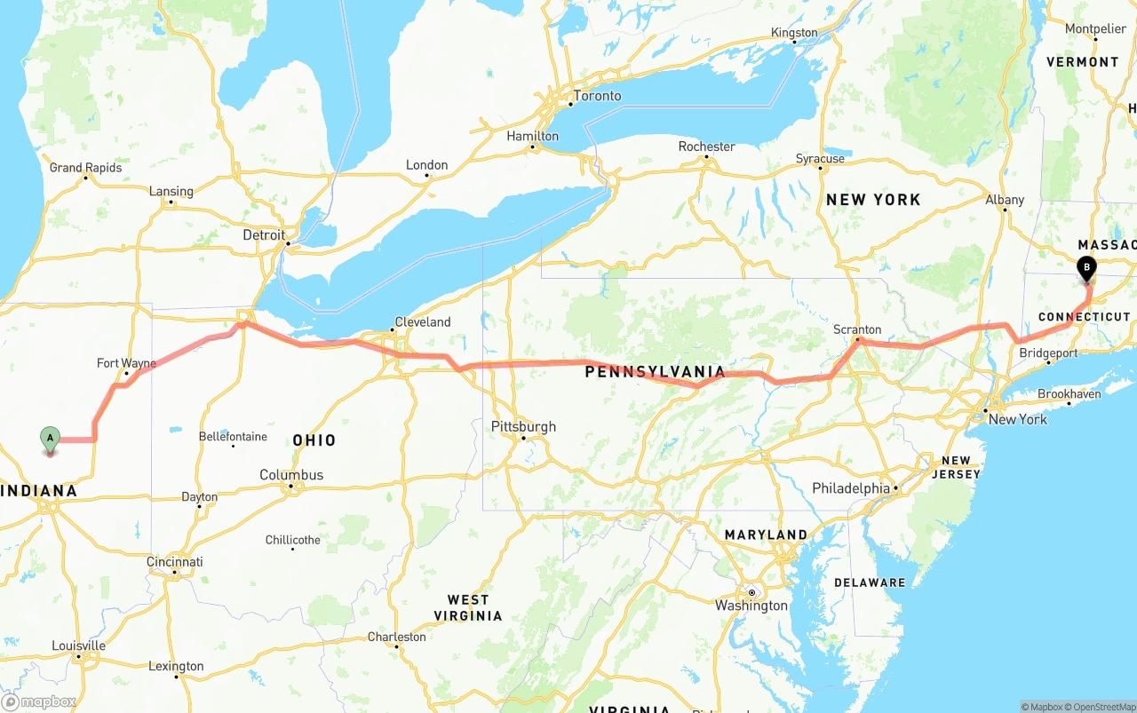 Shipping route from Indiana to Bradley International Airport