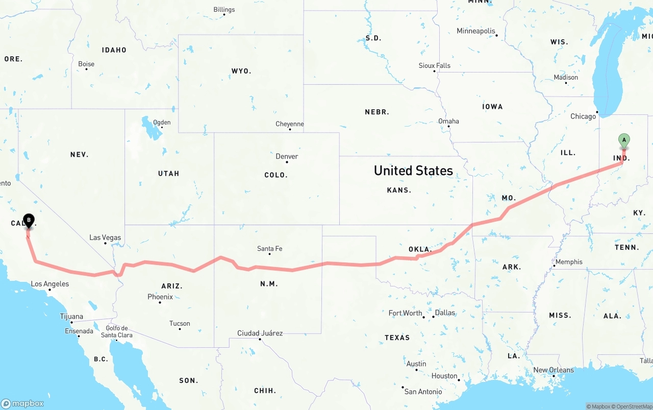 Shipping route from Indiana to California