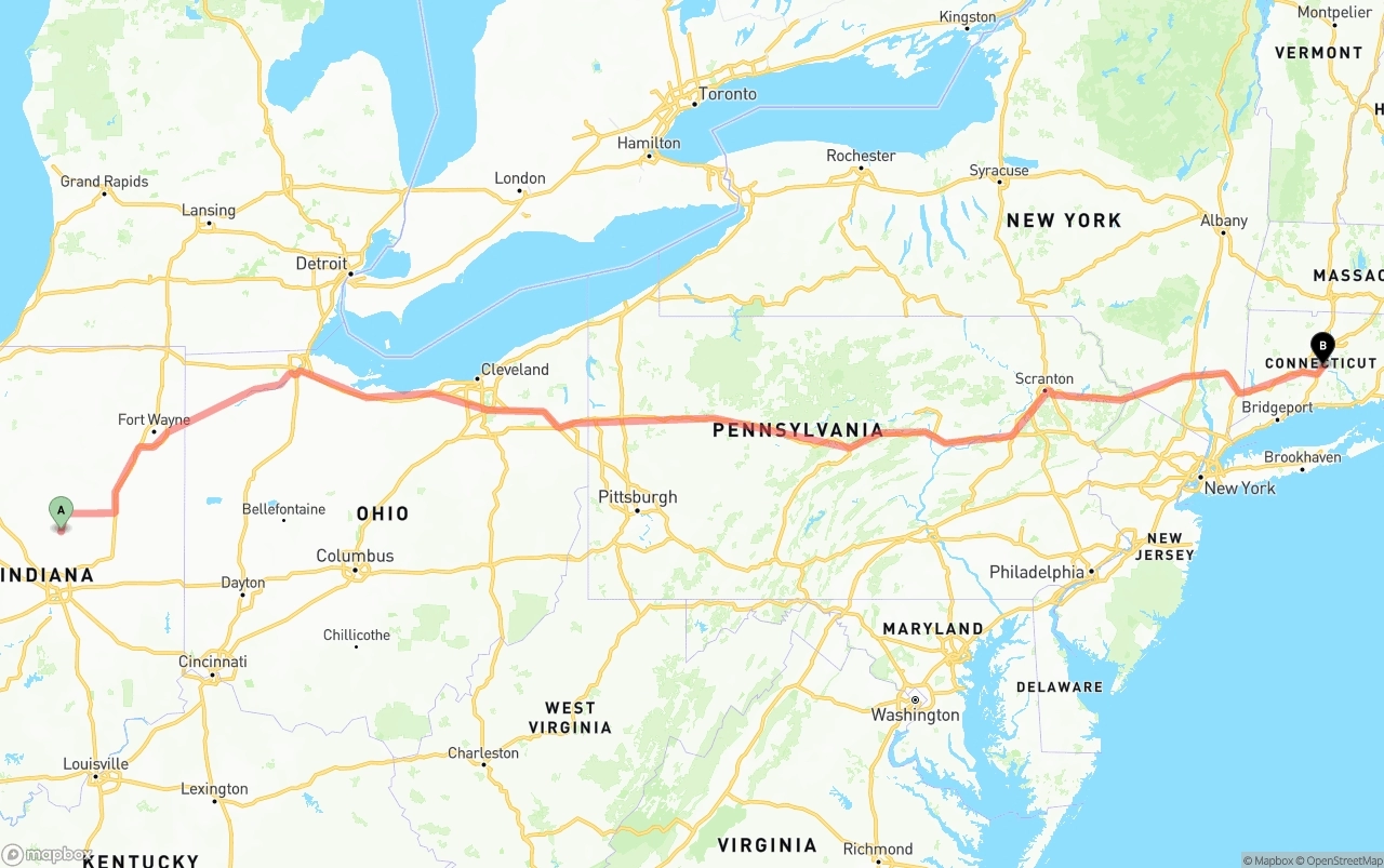Shipping route from Indiana to Connecticut