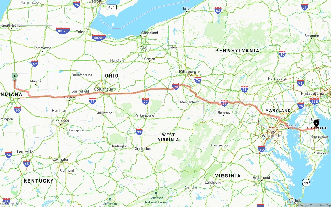 Shipping route from Indiana to Delaware