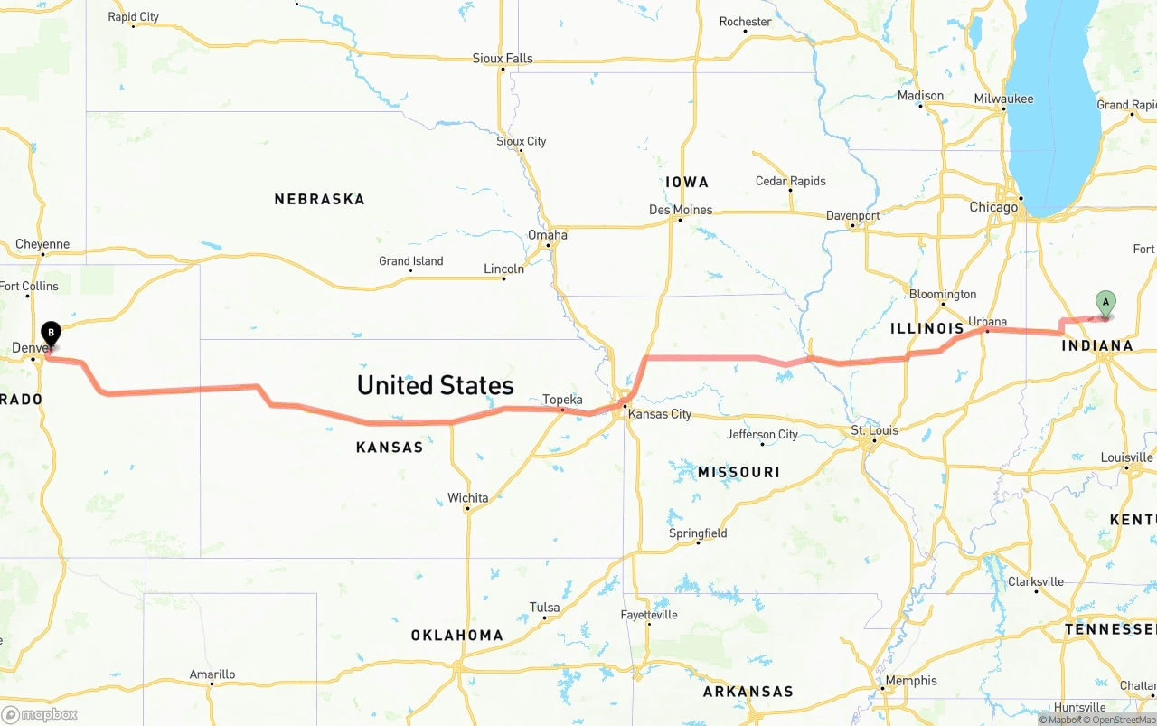 Shipping route from Indiana to Denver International Airport