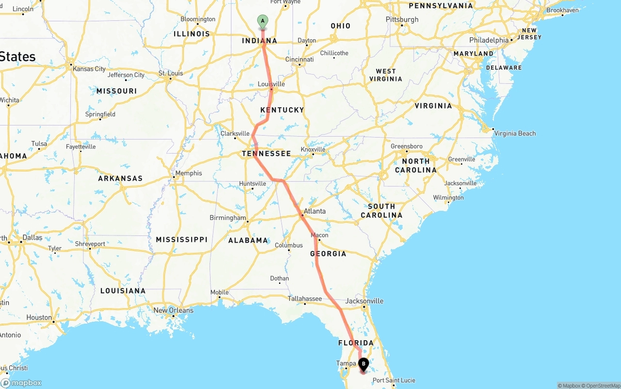 Shipping route from Indiana to Florida