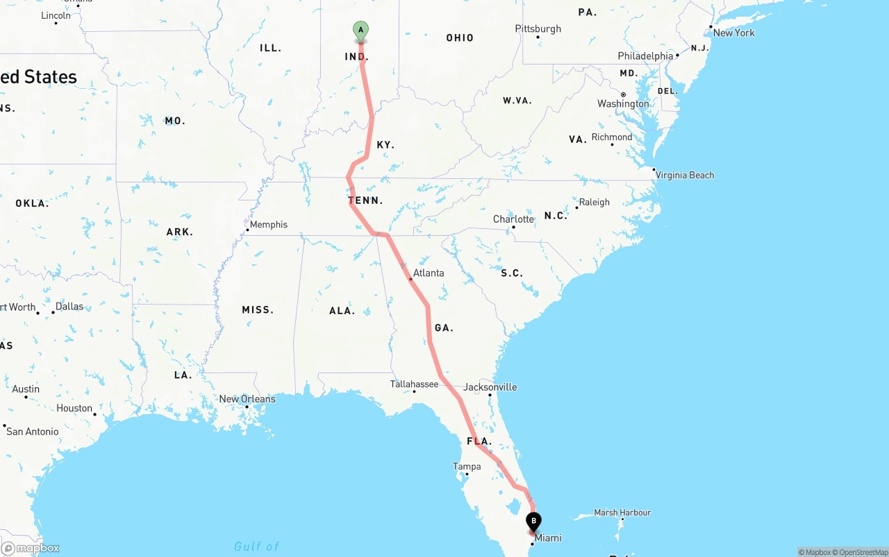 Shipping route from Indiana to Fort Lauderdale-Hollywood International Airport