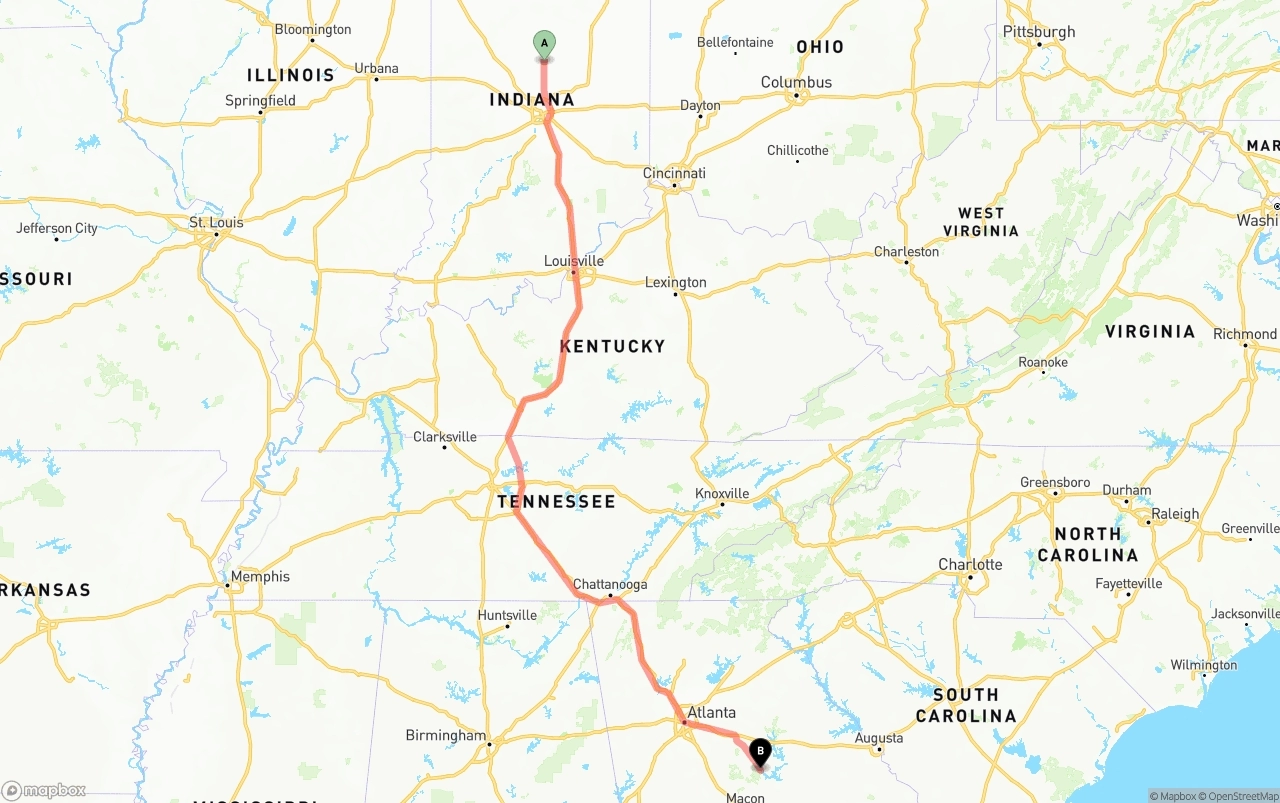 Shipping route from Indiana to Georgia