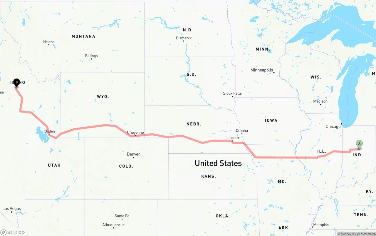 Shipping route from Indiana to Idaho