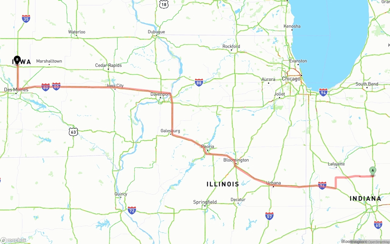 Shipping route from Indiana to Iowa