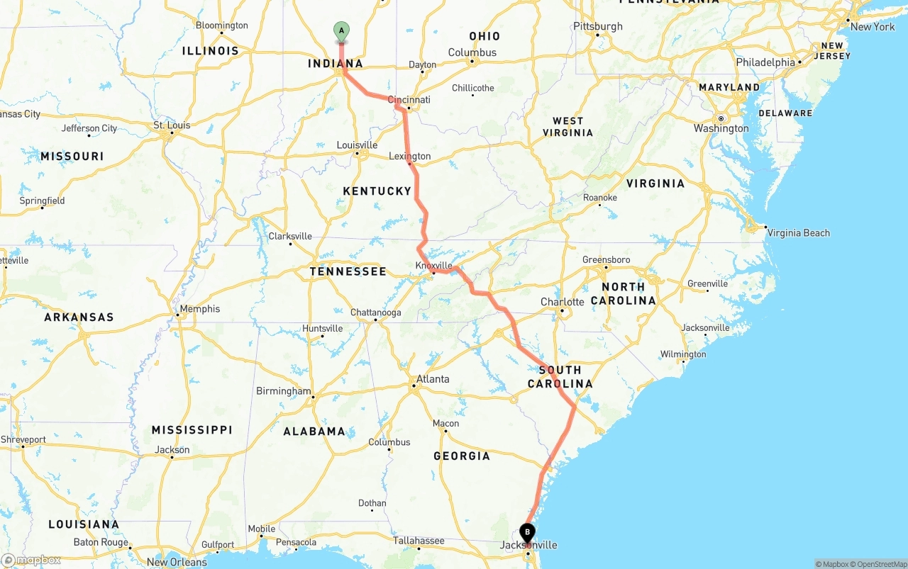 Shipping route from Indiana to Jacksonville International Airport