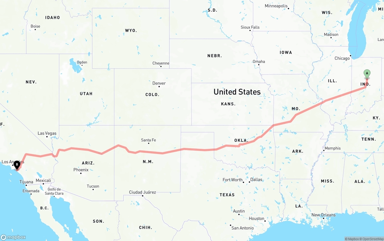 Shipping route from Indiana to John Wayne Airport — Orange County
