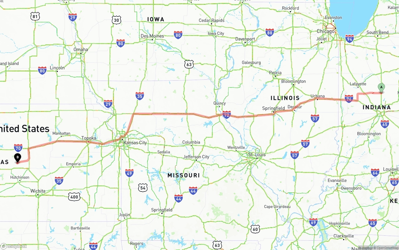 Shipping route from Indiana to Kansas