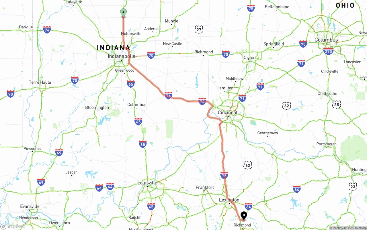 Shipping route from Indiana to Kentucky