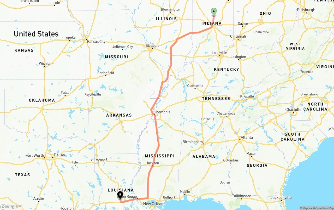 Shipping route from Indiana to Louisiana