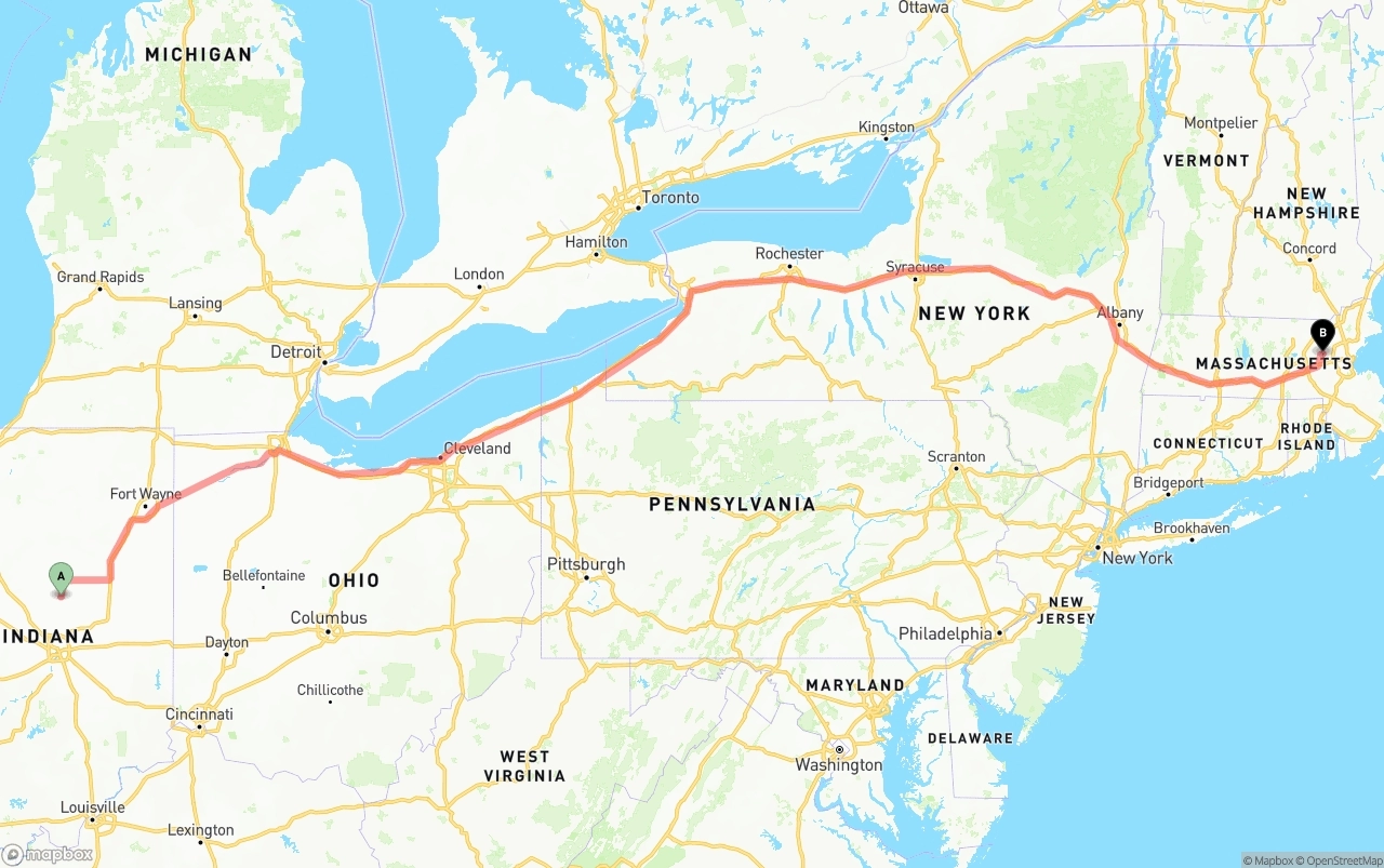 Shipping route from Indiana to Massachusetts