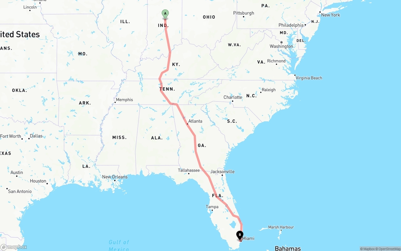 Shipping route from Indiana to Miami International Airport