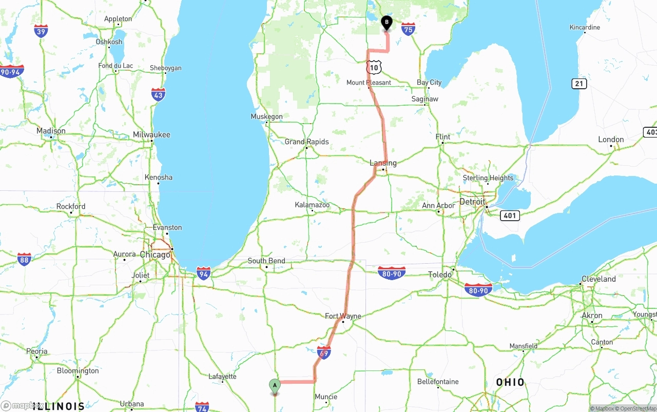 Shipping route from Indiana to Michigan