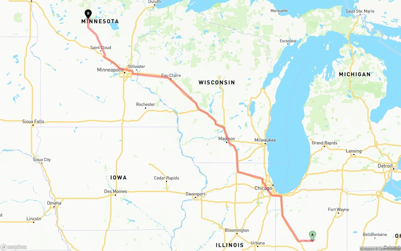 Shipping route from Indiana to Minnesota