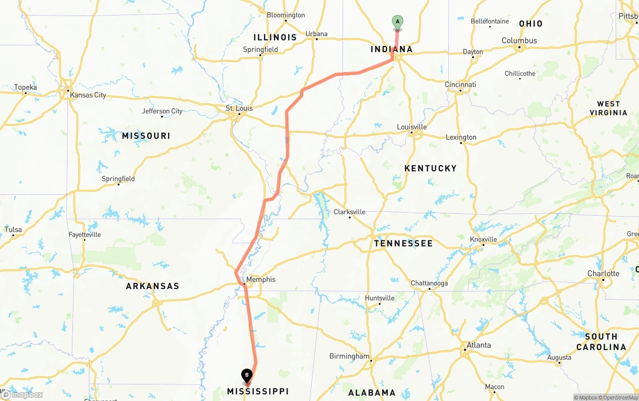 Shipping route from Indiana to Mississippi