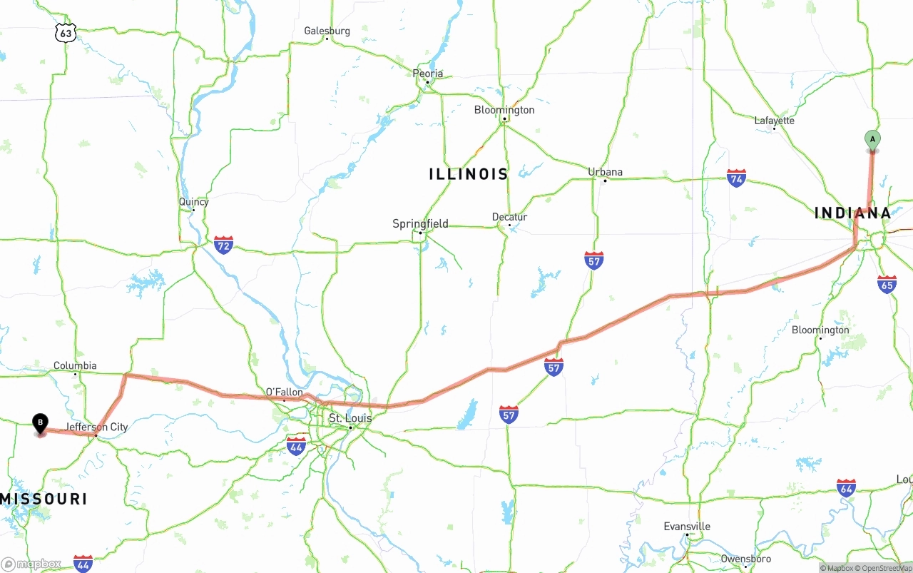 Shipping route from Indiana to Missouri