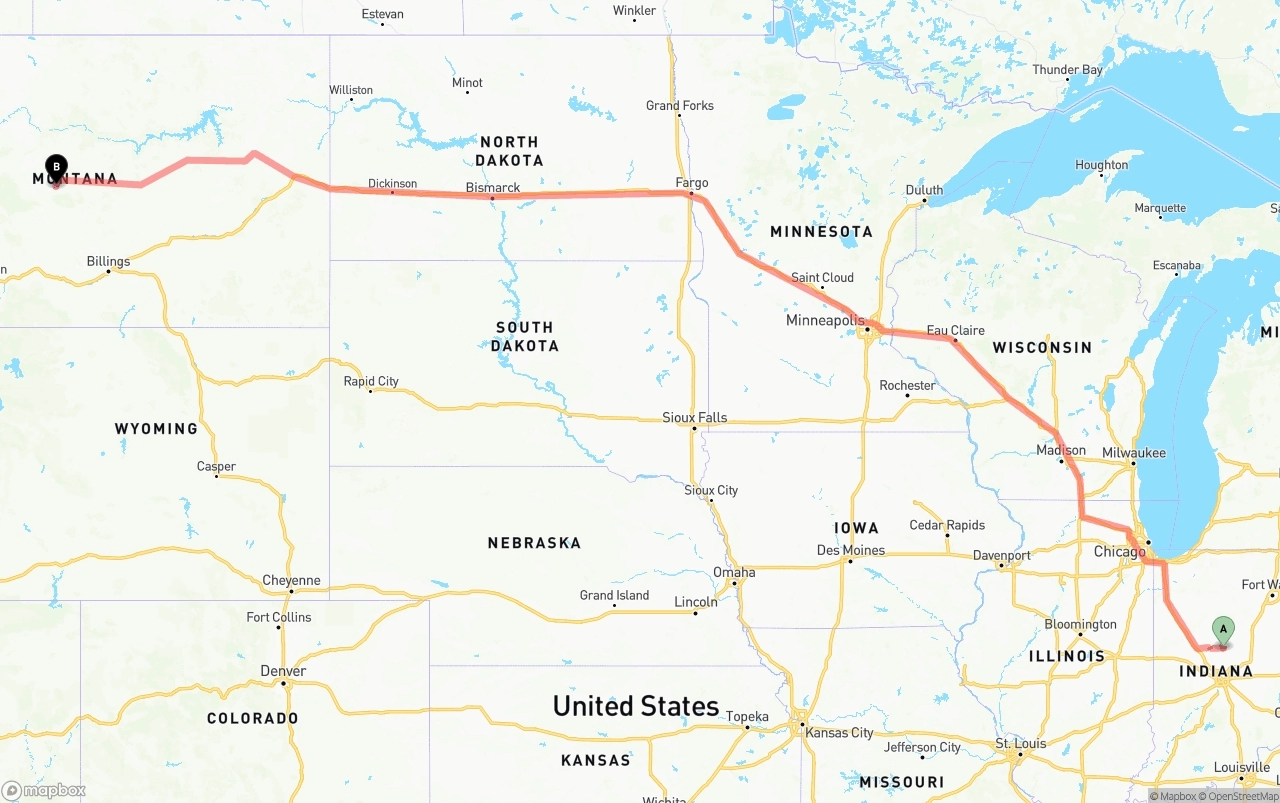 Shipping route from Indiana to Montana
