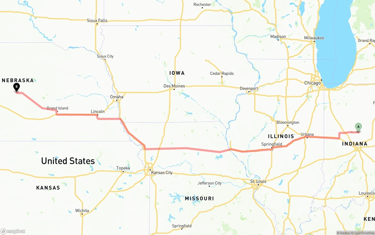 Shipping route from Indiana to Nebraska