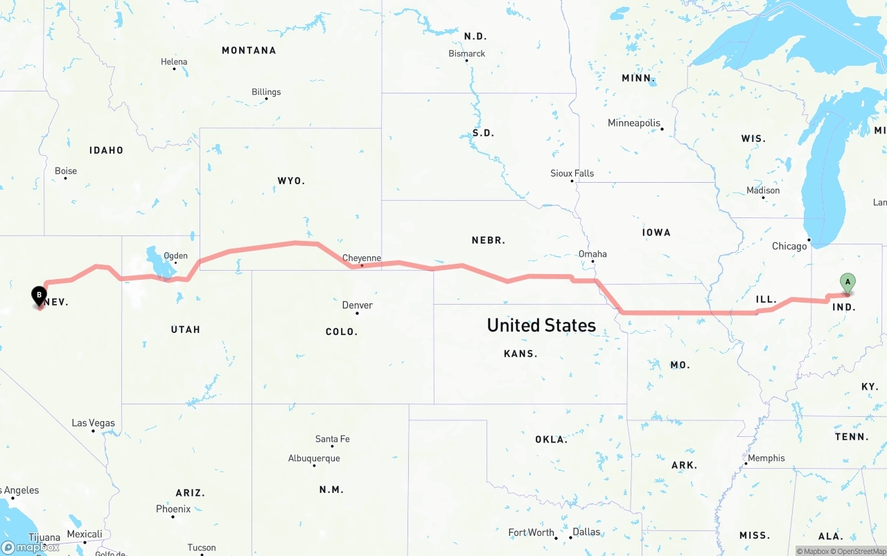 Shipping route from Indiana to Nevada