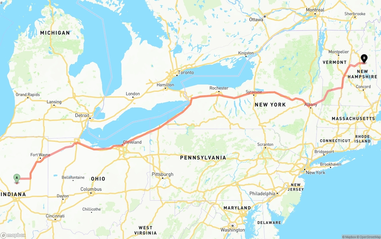 Shipping route from Indiana to New Hampshire