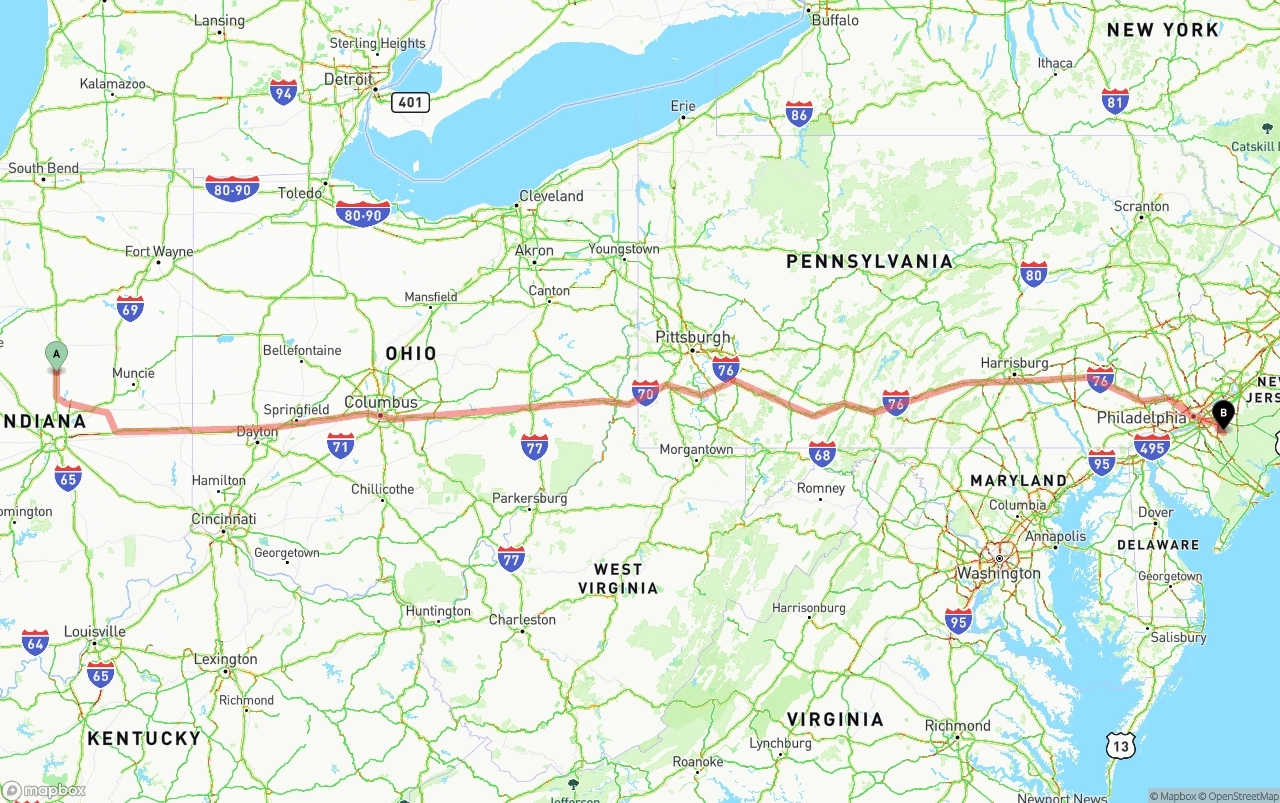 Shipping route from Indiana to New Jersey